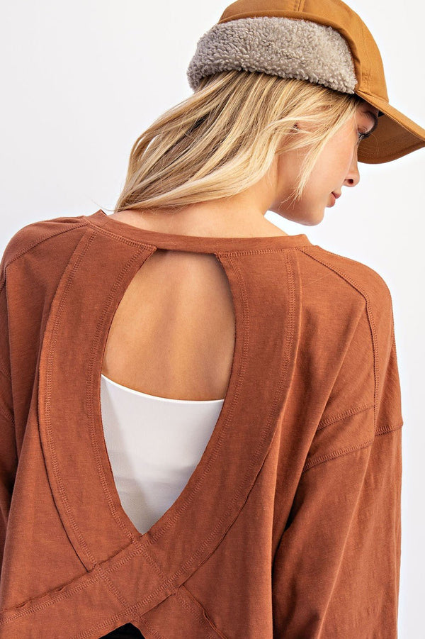 Cotton Slub Open Back Long Sleeve Top - Blush & Cactus