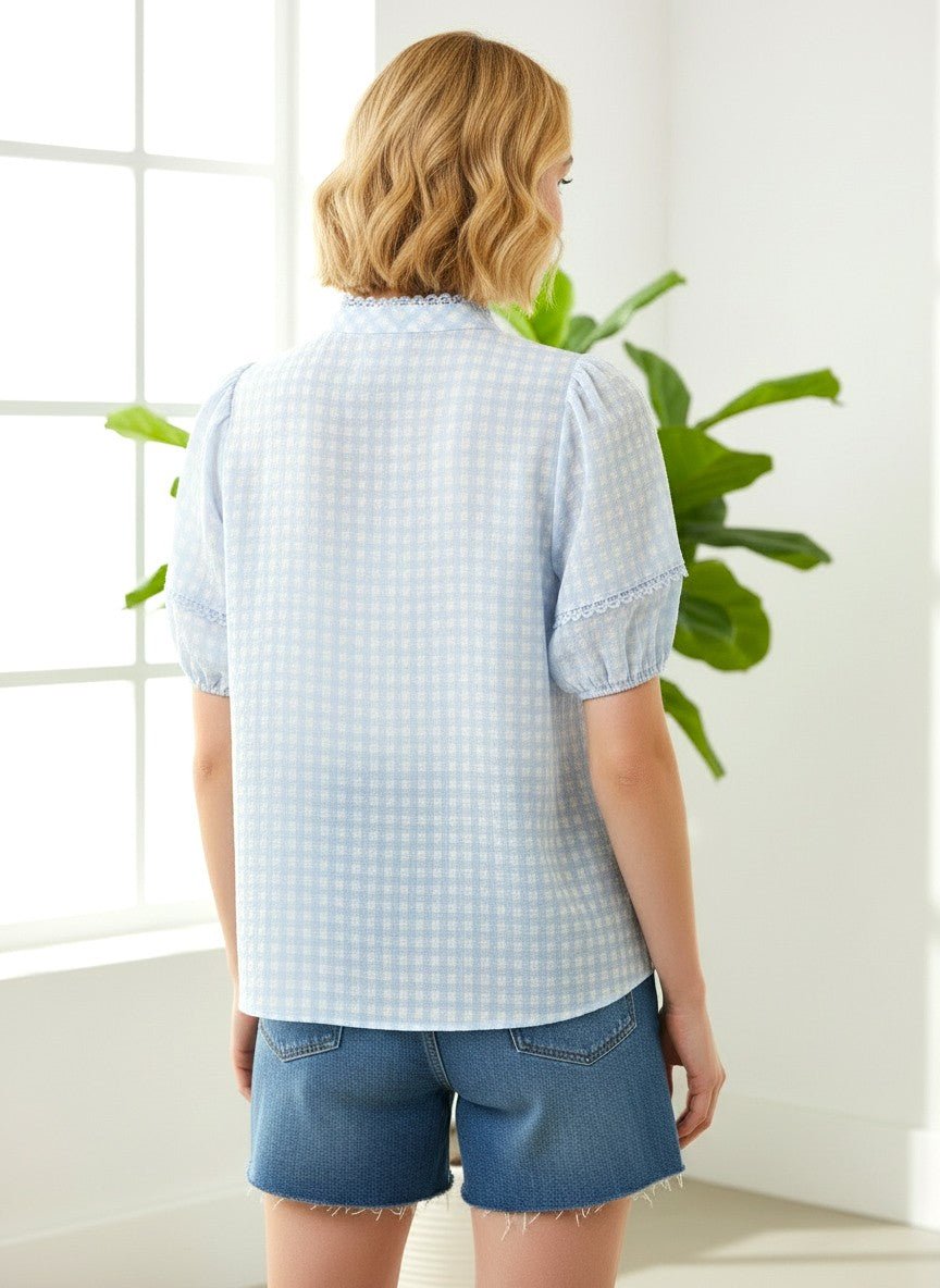 Blue Skies Gingham Puff Sleeve Top - Blush & Cactus