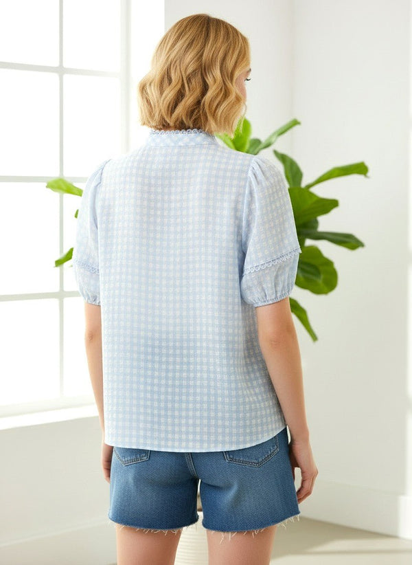 Blue Skies Gingham Puff Sleeve Top - Blush & Cactus