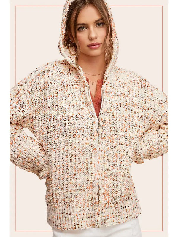 Multi Color Confetti Zip - Up Hoodie Sweater - Blush & Cactus