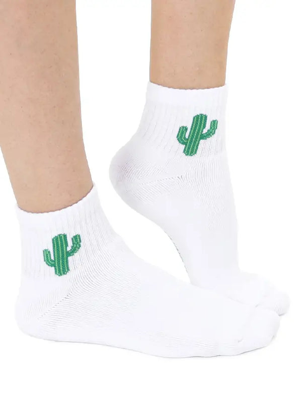 Classic Ankle Socks w/ Ribbed Tubing - Cactus - White