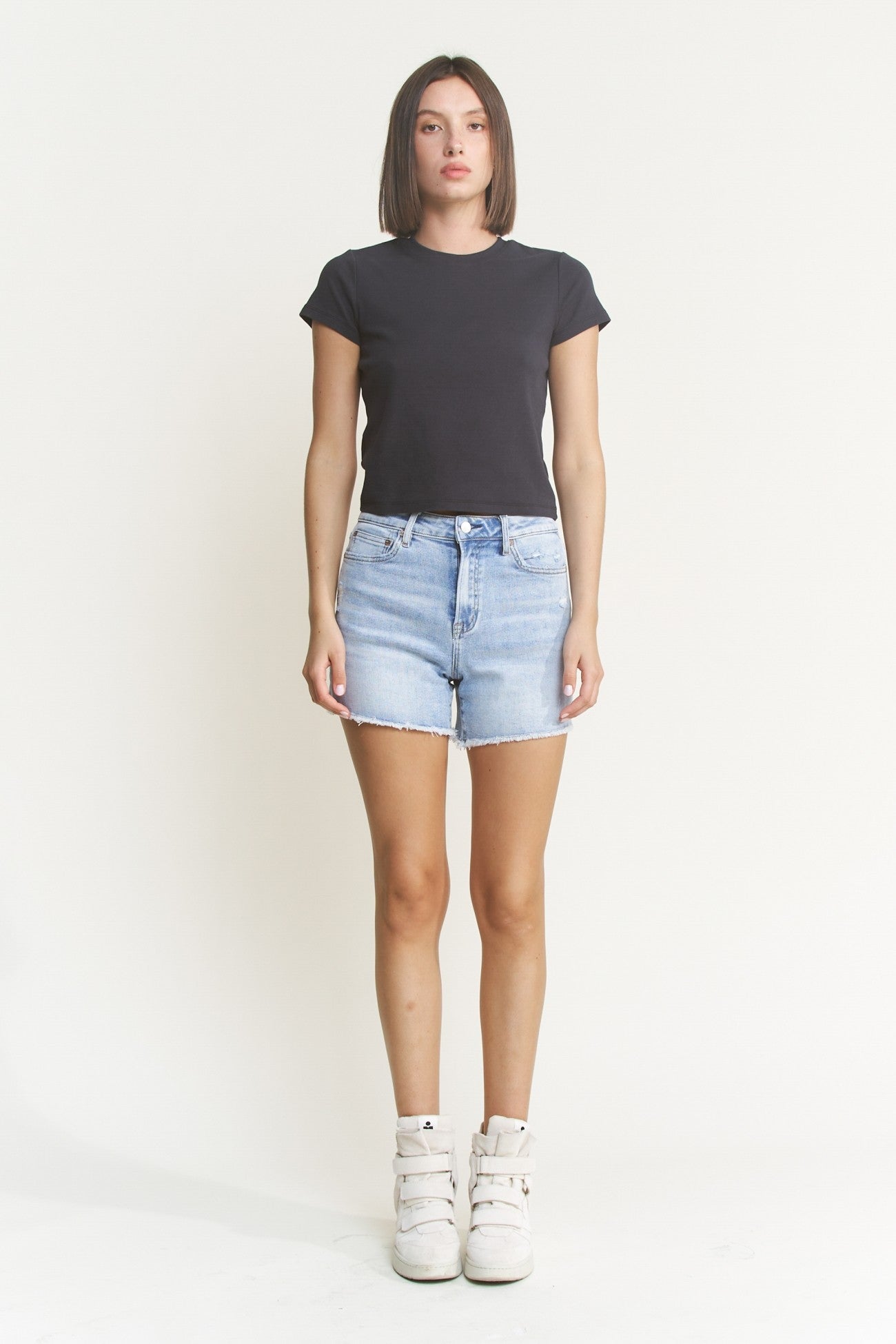 Mica Denim Super High Shorts with Frayed Raw Hem