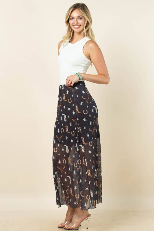 Western Mesh Maxi Skirt - Blush & Cactus