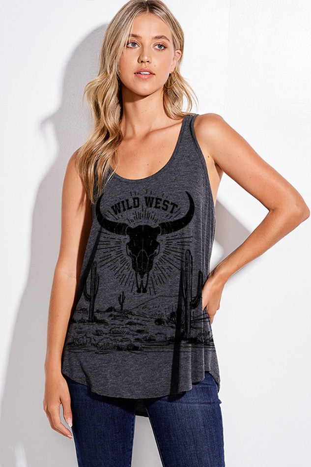 Western black skull print tank top - Curvy Size