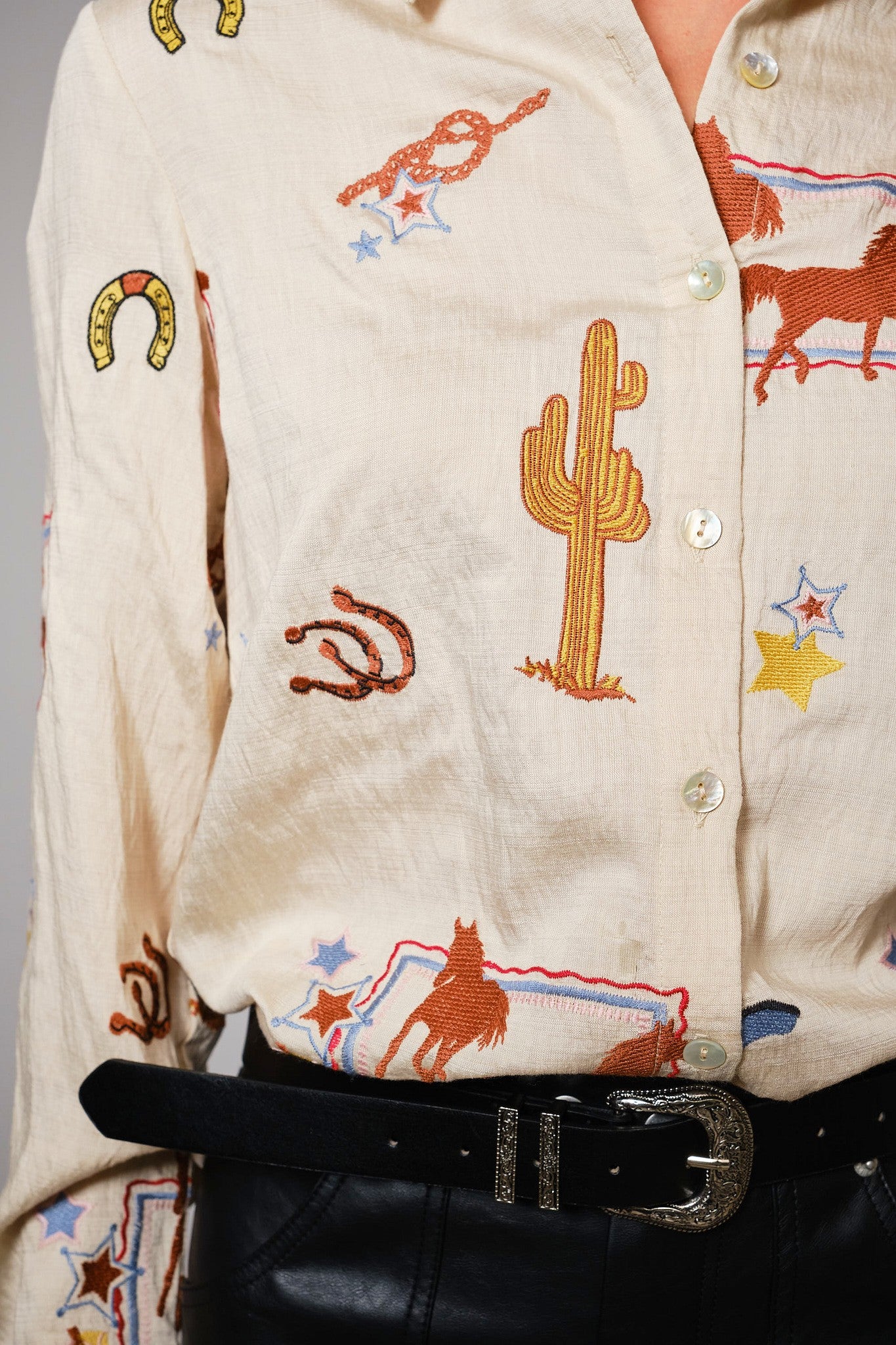 Western Embroidered Shirt - Blush & Cactus