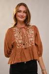 Blue B 3/4 Puff Sleeve Embroidered Peplum Blouse - Blush & Cactus
