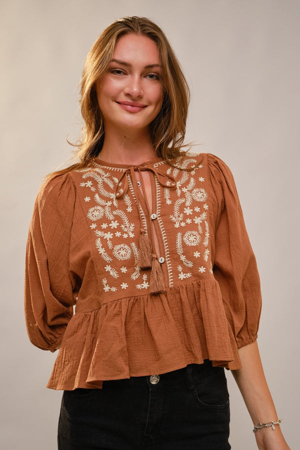 Blue B 3/4 Puff Sleeve Embroidered Peplum Blouse - Blush & Cactus