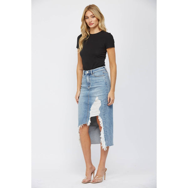 MICA DENIM MIDI SKIRT WITH DISTRESSED - Blush & Cactus