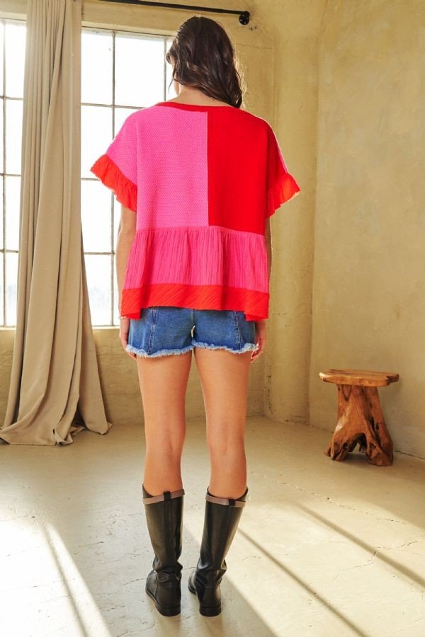 Davi & Dani Mix Match Textured Ruffle Detail Knit Sweater Top - Curvy Size - Blush & Cactus