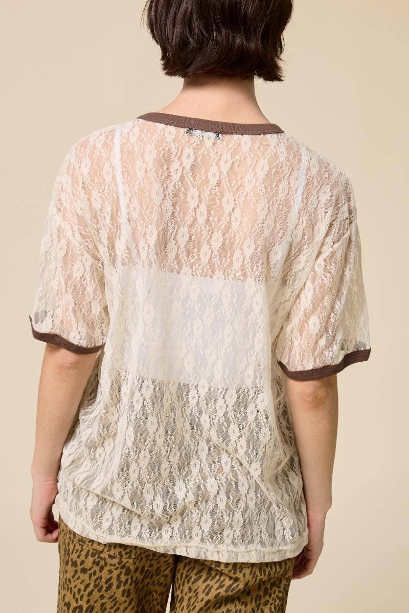 Butterfly Dreamer Vintage Graphic Sheer Lace Tee - Blush & Cactus