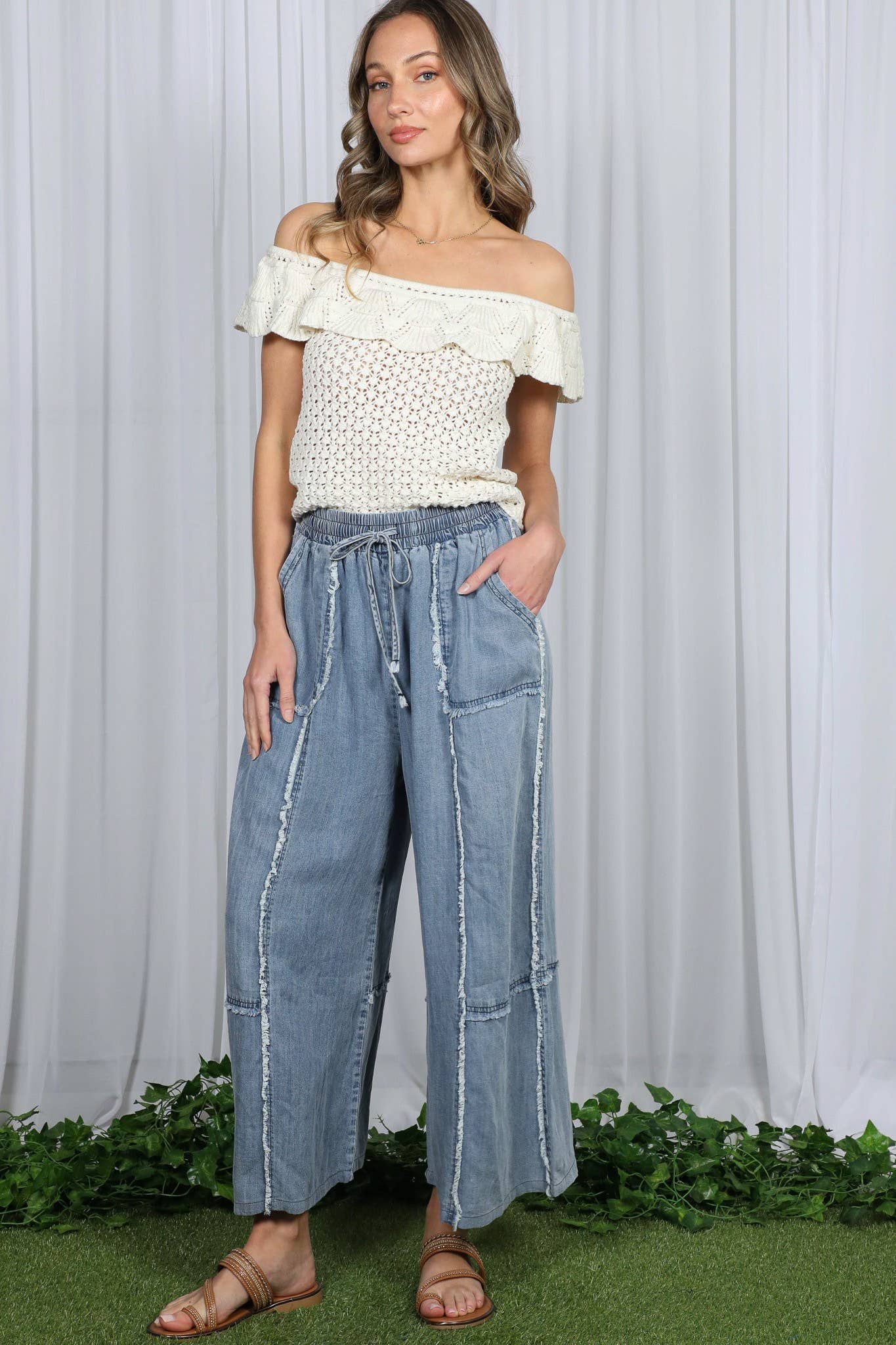 Self Fray Tencel Chambray Palazzo Pants