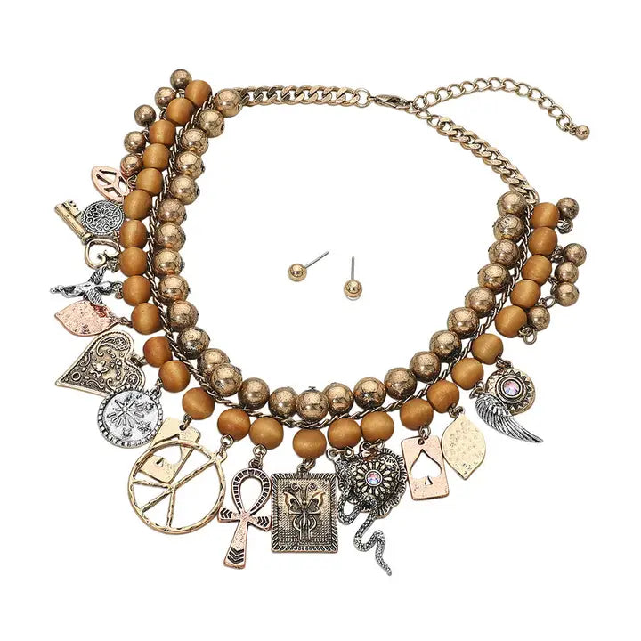 Boho Vintage Symbol Charm Station Statement Necklace