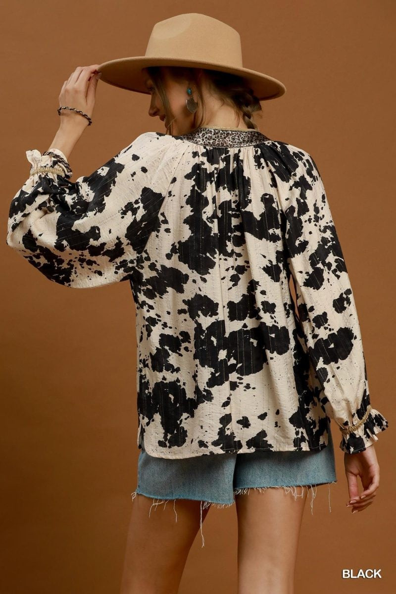 Umgee Cowhide Print Contrast Trim Blouse