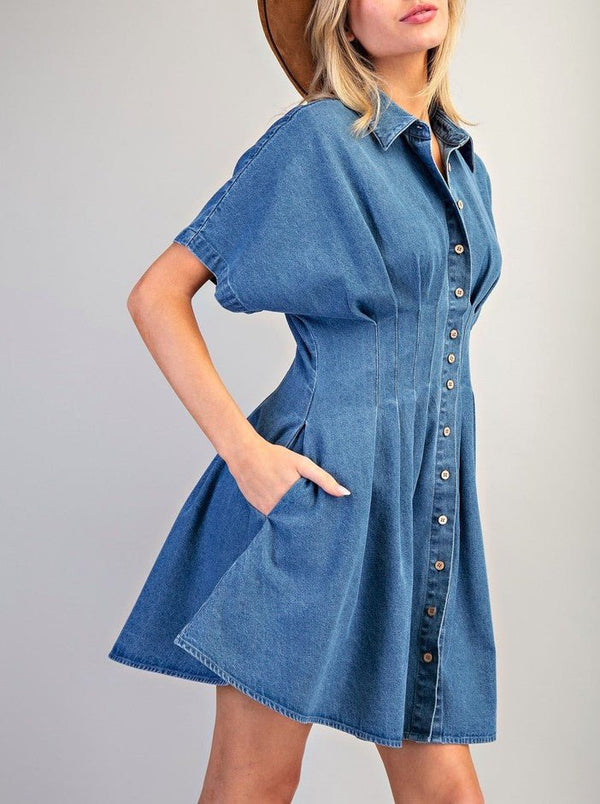 eesome Pleated Button Down Denim Mini Dress - Blush & Cactus