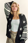 Davi & Dani Star Printed Loose Fit Stripe Long Sleeve Cardigan - Curvy Size - Blush & Cactus