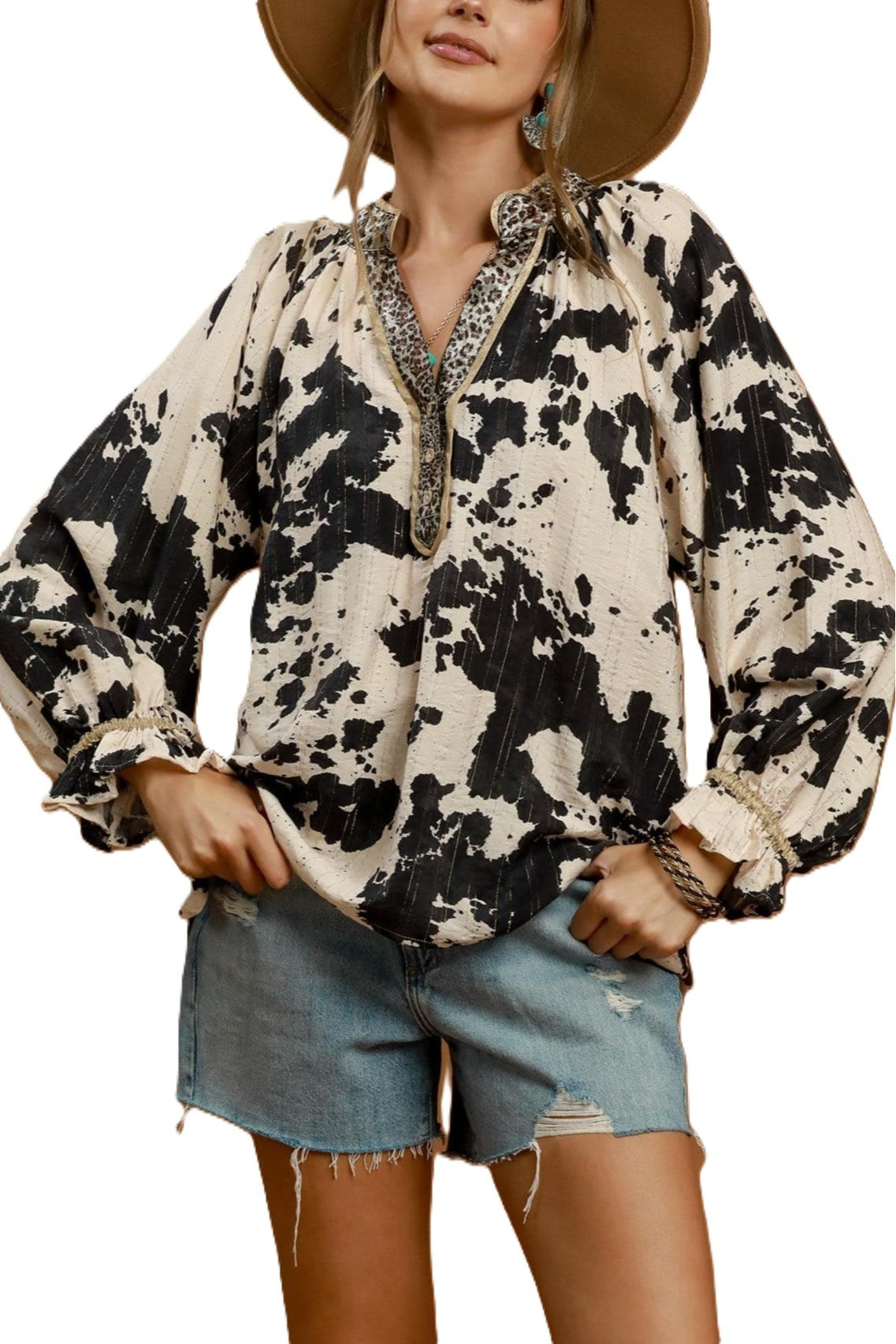 Umgee Cowhide Print Contrast Trim Blouse