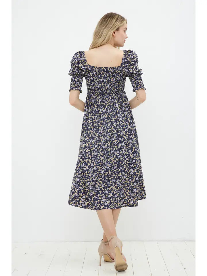 Blue B Floral Print Smocked Bodice Puff Midi Dress