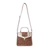 Myra Duchess Hairon Handtooled Flap and Button Leather Satchel in Mocha Cream