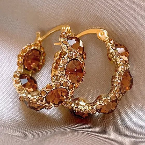 Coffee Crystal Circle Elegant Hoop Earrings - Blush & Cactus