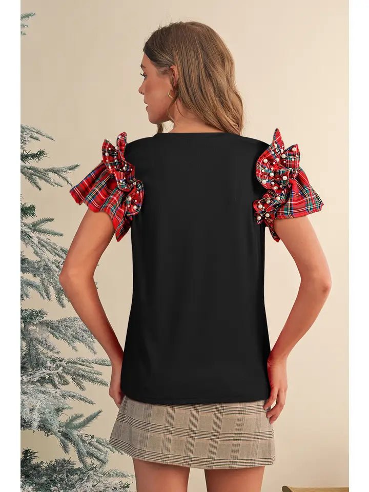 Red Plaid Pearl Ruffle Short Sleeve Christmas Blouse - Blush & Cactus