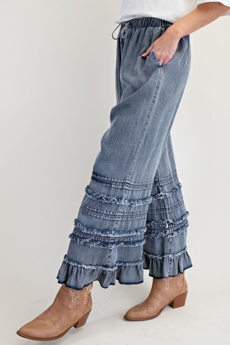 Easel Self Fray Washed Chambray Pants - Blush & Cactus