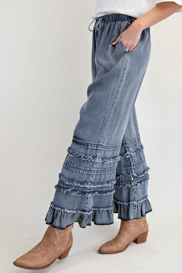 Easel Self Fray Washed Chambray Pants - Blush & Cactus