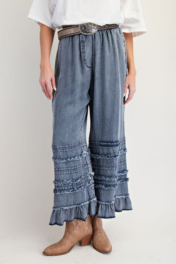 Easel Self Fray Washed Chambray Pants - Blush & Cactus