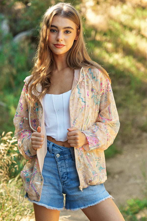 Beaded Sequined Front Zipper Jacket With Hoodie - Blush & Cactus
