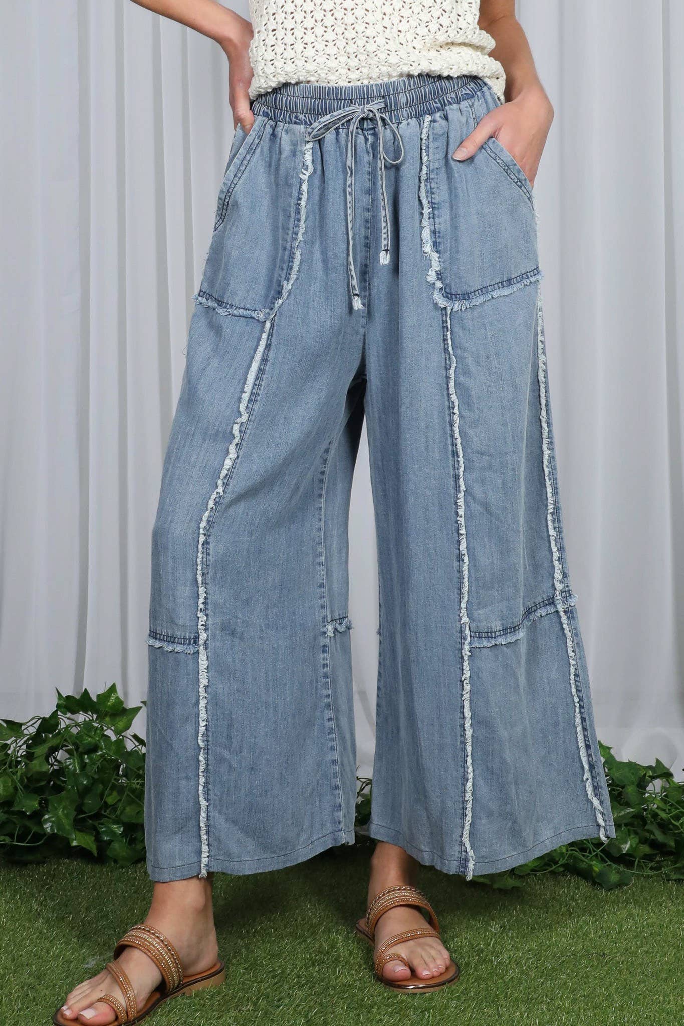 Self Fray Tencel Chambray Palazzo Pants