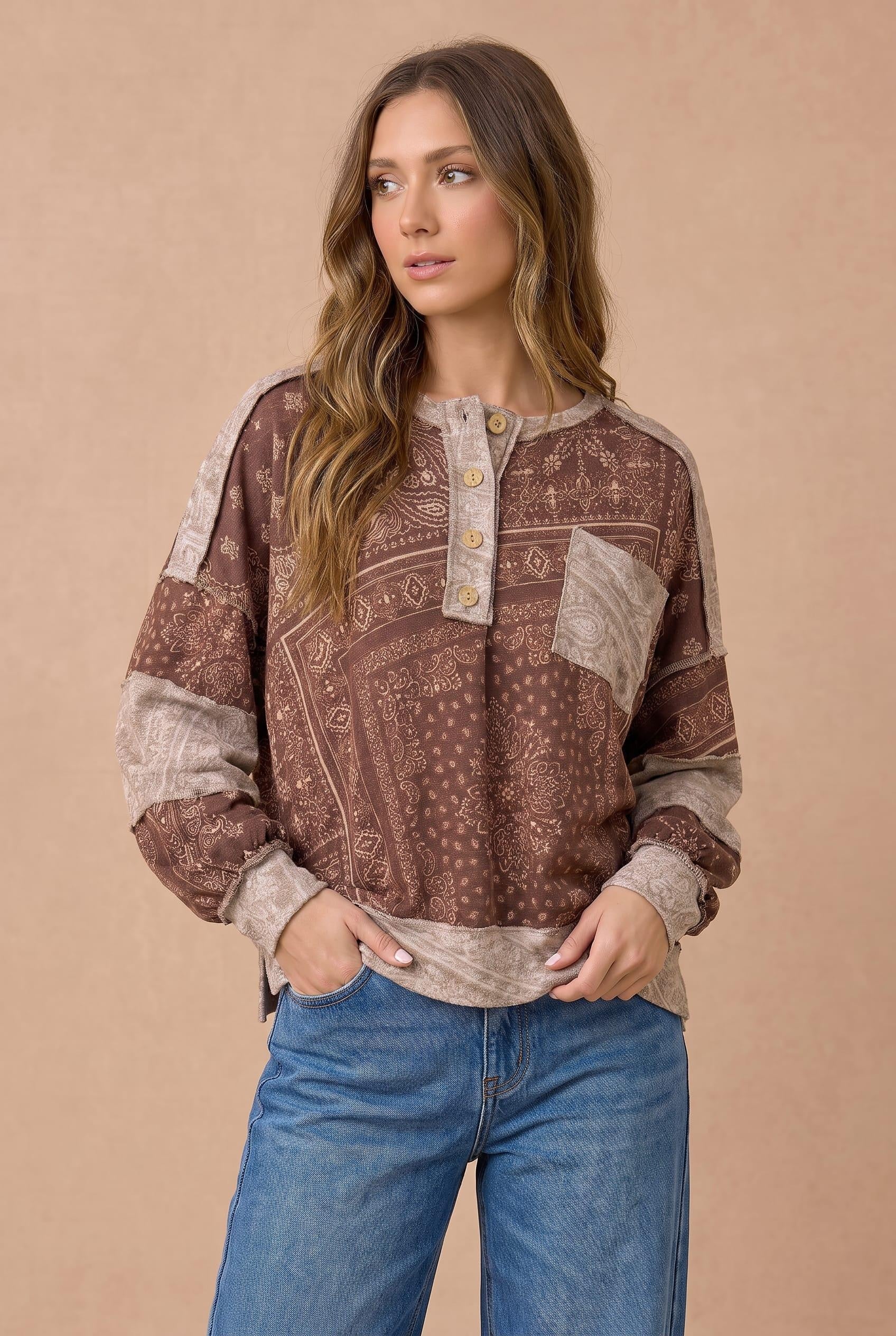 Paisley Patchwork French Terry Pullover Top