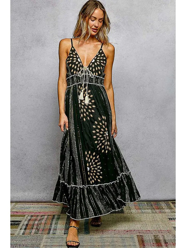 POL Deep V-Neck Tassel Ruffle Embroidered Trim Maxi Dress - Blush & Cactus