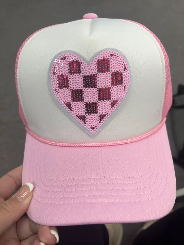 Sequin Heart Pink/White Trucker Hat