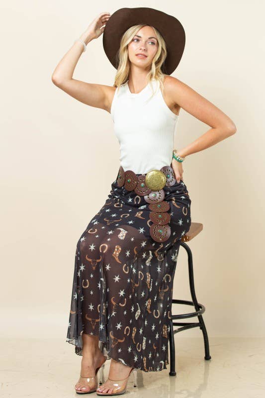 Western Mesh Maxi Skirt - Blush & Cactus