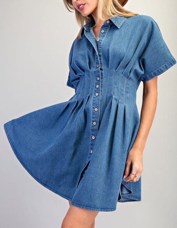 EESOME Pleated Mini Button Down Dress L / DENIM EESOME Pleated Mini Button Down Dress L / DENIM