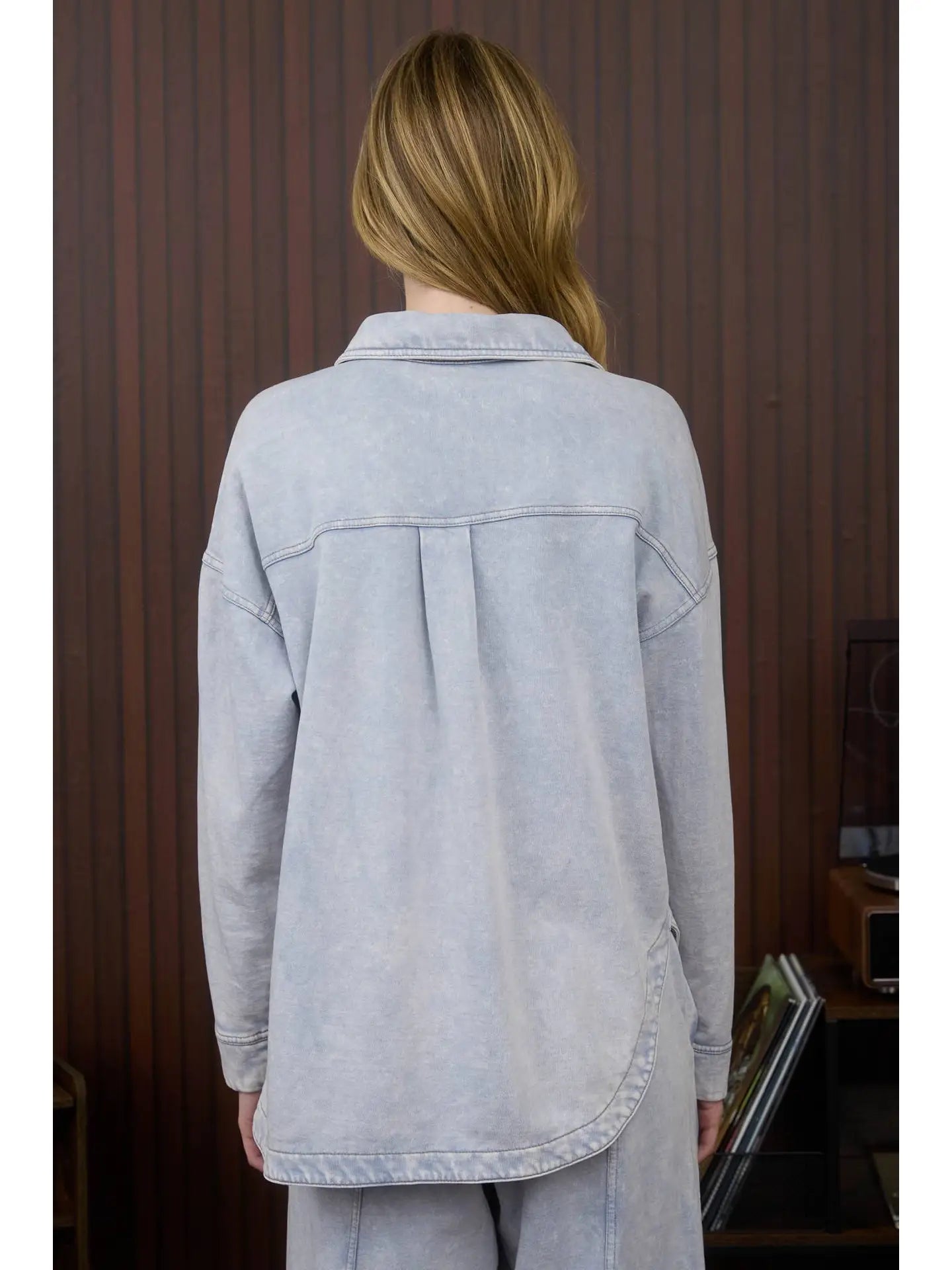 Acid Washed Collared Button Down Knit Shacket - Blush & Cactus