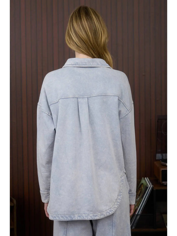 Acid Washed Collared Button Down Knit Shacket - Blush & Cactus