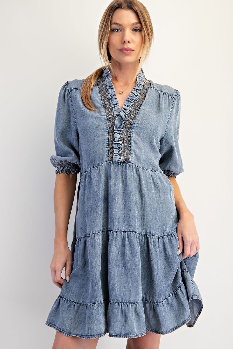 Easel Short Sleeve Washed Denim Dress