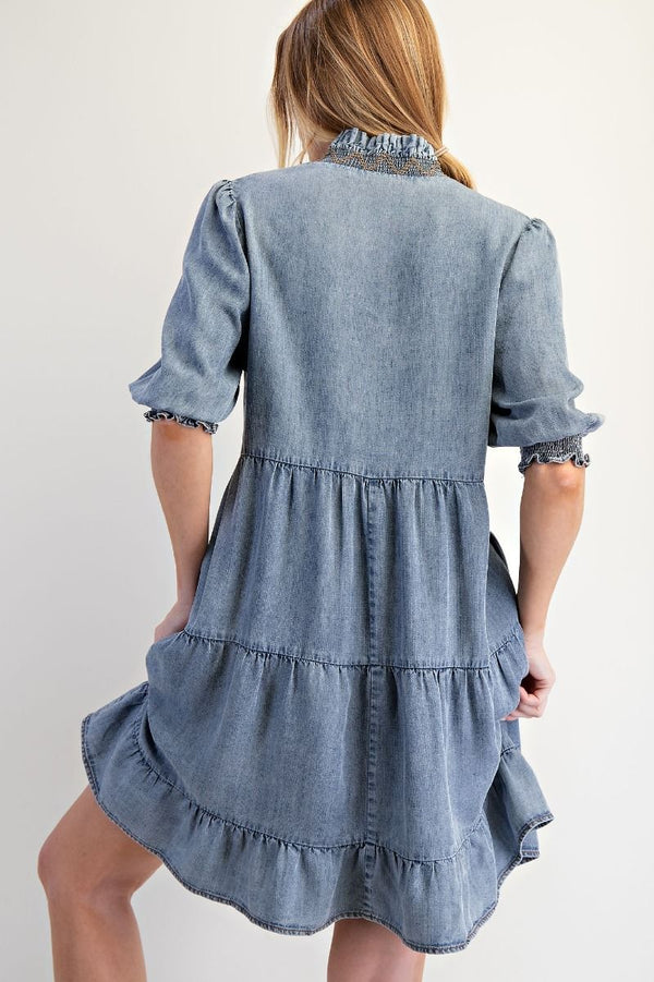 Easel Short Sleeve Washed Denim Dress
