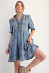 Easel Short Sleeve Washed Denim Dress
