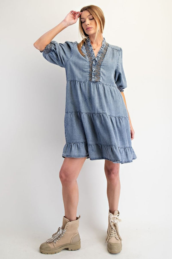 Easel Short Sleeve Washed Denim Dress