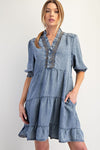 Easel Short Sleeve Washed Denim Dress