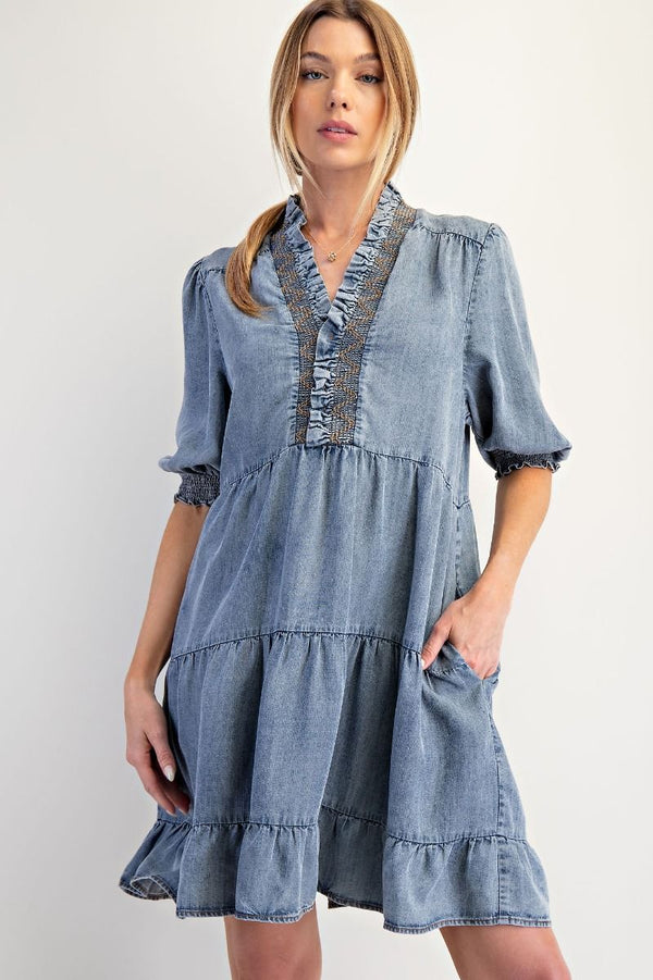 Easel Short Sleeve Washed Denim Dress