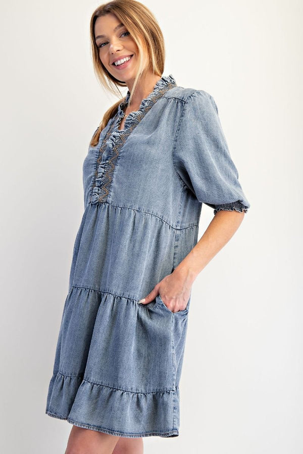 Easel Short Sleeve Washed Denim Dress