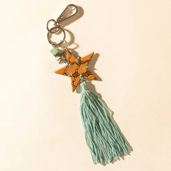 Western Sky Beaded Fringe Handtooled Leather Key Fob in Ocean Blue - Blush & Cactus