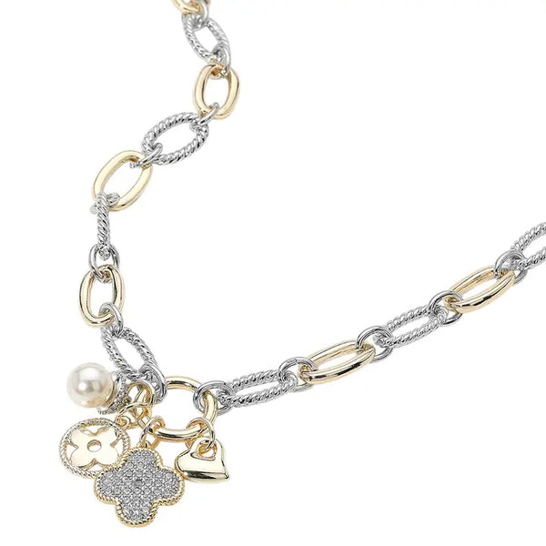 14K Gold Plated Cz Paved Quatrefoil Metal Heart Necklace