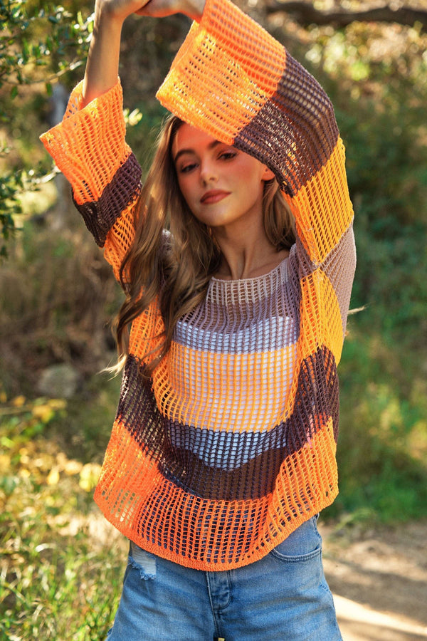 Striped Wide Opening Sleeve Pullover Cover Up Top