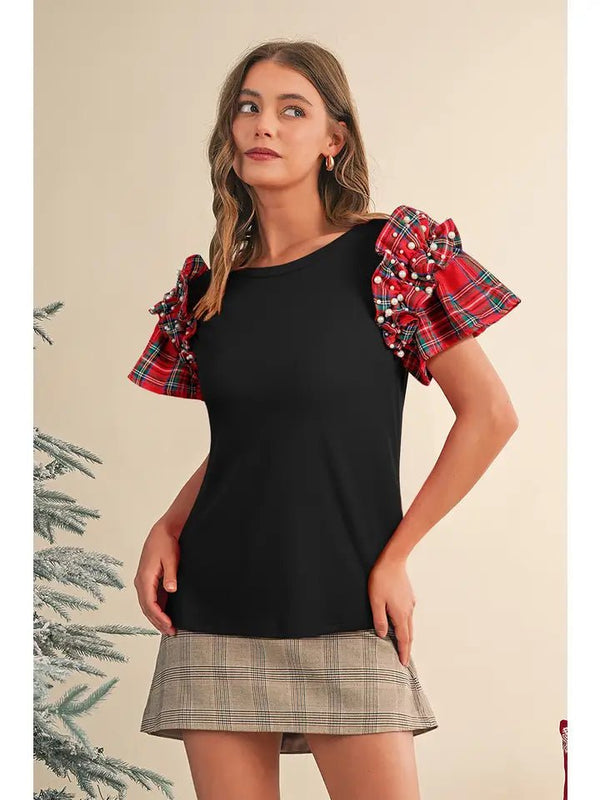 Red Plaid Pearl Ruffle Short Sleeve Christmas Blouse - Blush & Cactus