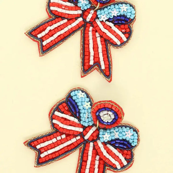 American Flag Themed Chevron Bow Beaded Post Dangle Earrings