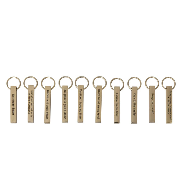 Cast Metal Key Chain with Sassy Saying in Drawstring Bag, Brass Finish, 10 Styles