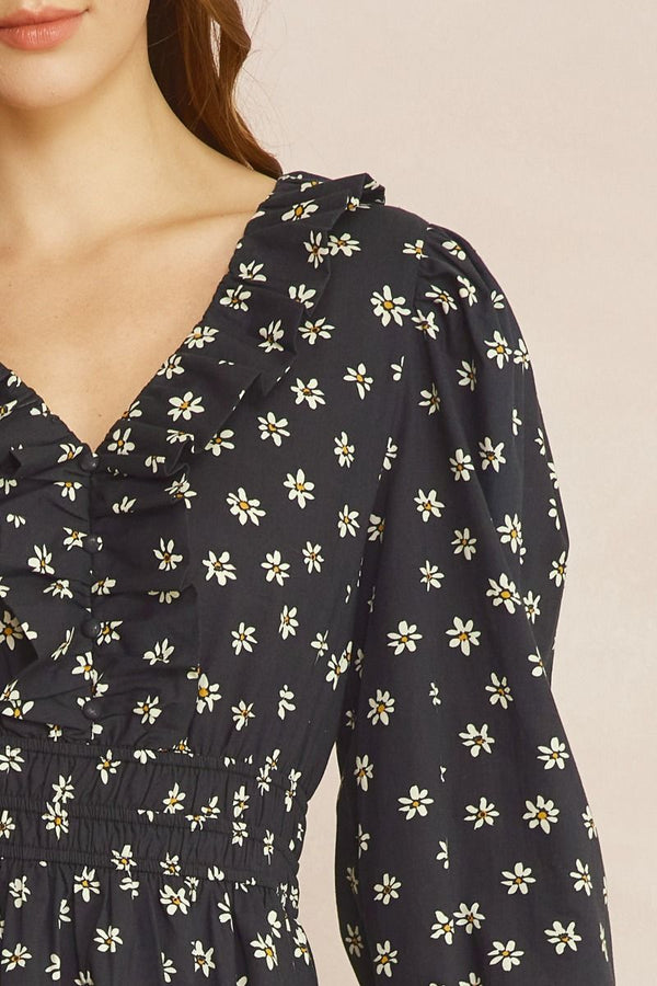 Entro Floral Print V-neck 3/4 sleeve mini dress
